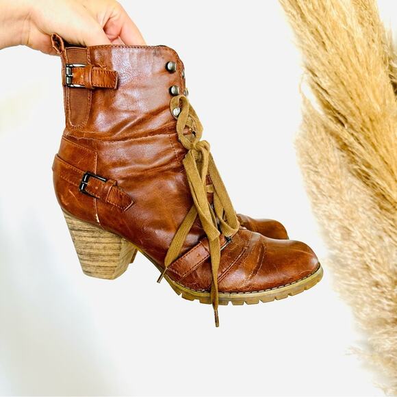 ANTHROPOLOGIE Brown Tan Lace Up Combat Booties Ankle Boot Buckle Zipper Heels 9 - Picture 16 of 16